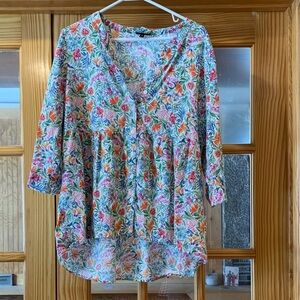 Womens JNY Jones New York Linen Blend Floral Print Peplum Long Sleeve Top Blouse